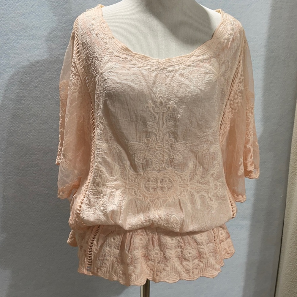 Democracy Peach Floral Embroidered Sheer Blouse